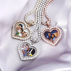 Heart Shaped Custom Photo Spin Double Sided Medallion Pendant Necklace Hip Hop Jewelry