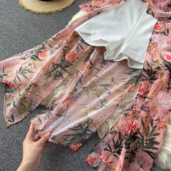Women Casual Two Piece Set Long Sleeve V Neck Asymmetrical Chiffon Shirt