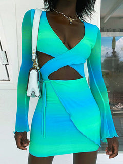 Sexy Tie Dye Bodycon Mini Dress Women Hollow Out Long Sleeve Mesh Skinny Summer 2022