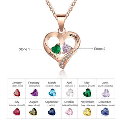 925 Sterling Silver Name Necklace with 2 Birthstones Custom Engraved Heart Pendant