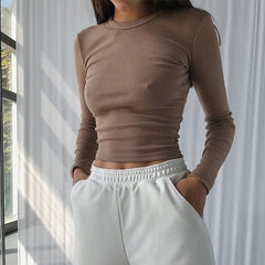 O Neck Long Sleeve Shirt Women Ribbed Sexy Cropped Tops Casual Skinny T Shirts White