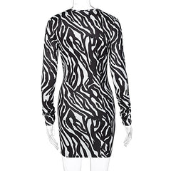 Zebra Print Long Sleeve V-Neck Bandage Sexy Mini Dress Streetwear Outfits Party Wear