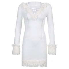 Furry White Bodycon Mini Dresses Women Autumn Long Sleeve Hooded V Neck Dress