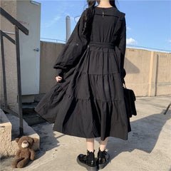 Women Harajuku Gothic Lolita Goth Kawaii Dress Punk Cute Long Sleeve Black Midi Dress