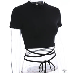 Summer Women Black Short T-Shirts Sexy Crop Tops Short Sleeve Bandage Tee Tops Female Shirts