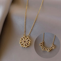 Magnetic Folding Heart Shaped Four Leaf Clover Pendant Necklace