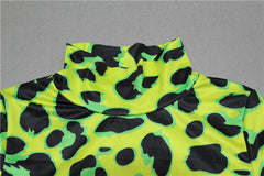 Women Long Sleeve Leopard Skin Prinetd Bodysuit Sexy Neon Green Streetwear Jumpsuit
