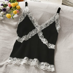Lace Cami Y2k Tank Top Female V Neck Sleeveless Sexy Blouse Cropped Camisole Knitwear