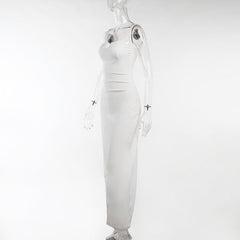 High Split Ankle-length Party Dresses Women Solid White Spaghetti Strap Dress Y2K