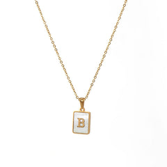 18K Golden Chain Necklaces Male Square Natural Shell Initial Letters Pendant Stainless Steel Jewelry