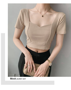 French Clavicle Square Collar Tops Women High Waist Croped Top Short Sleeve T-shirt Female