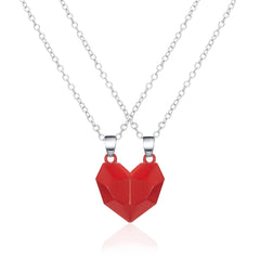 2Pcs Punk Heart Pendant Couple Necklace Lover Distance Faceted Magnetic Necklace