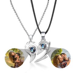 Flame Heart Shaped Custom Photo Projection Couples Necklaces