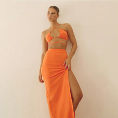 Cryptographic Bandage Cut Out Sexy Halter Neck Top and Skirts Set Gathered Elegant