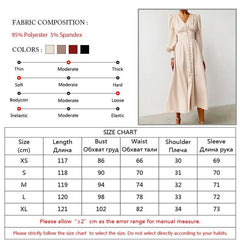 Single Breasted Dress High Waist Satin Long Dress V Neck Women Midi Dresses Lantern Sleeve