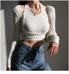 Fake Two Piece Halterneck Knitted Tops Women Tops Long Sleeved T-shirt Female