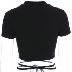Summer Women Black Short T-Shirts Sexy Crop Tops Short Sleeve Bandage Tee Tops Female Shirts