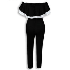 Women Off Shoulder Colorblock Ruffles Bodycon Skinny Streetwear Slim Fit Black Jumpsuits