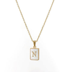 18K Golden Chain Necklaces Male Square Natural Shell Initial Letters Pendant Stainless Steel Jewelry