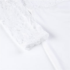 Women Summer Off Shoulder Sexy Playsuits Long Sleeve Sheer Lace Patchwork Hollow Skinny Playsuits