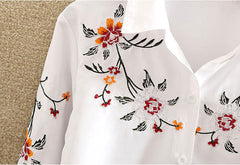 Floral Embroidered Blouse Shirt Women Slim White Tops Long Sleeve Blouses plus size