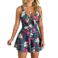 Female Sexy Playsuit print sexy V-neck short jumpsuit women loose casual beach romper