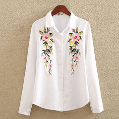 Floral Embroidered Blouse Shirt Women Slim White Tops Long Sleeve Blouses plus size