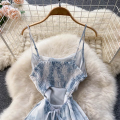Floral Spaghetti Strap Dress Elastic Ruched Sexy Hollow Backless Party Dress