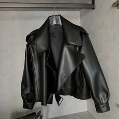 Women Pu Motorcycle Biker Faux Leather Jacket Turndown Collar Loose Punk Outerwear