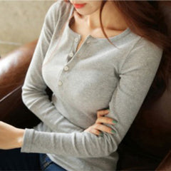 Cotton Women Spring O Neck Pullover Long Sleeve T Shirt Loose Leisure Buttons Feminina Tee Female Tops