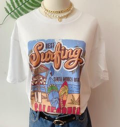 1pcs WHITE Tees Summer Casual Oversized Tee Best Surfing Santa Monica California Womens Retro Style