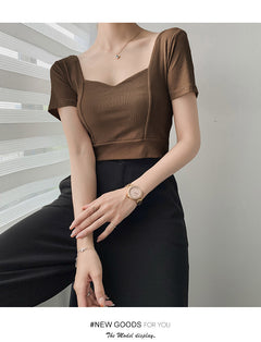 French Clavicle Square Collar Tops Women High Waist Croped Top Short Sleeve T-shirt Female