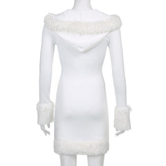Furry White Bodycon Mini Dresses Women Autumn Long Sleeve Hooded V Neck Dress