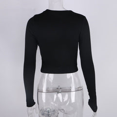 O Neck Long Sleeve Shirt Women Ribbed Sexy Cropped Tops Casual Skinny T Shirts White