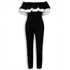 Women Off Shoulder Colorblock Ruffles Bodycon Skinny Streetwear Slim Fit Black Jumpsuits
