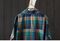 100% Cotton Plaid Shirt Long Sleeve Button Up Casua Loose Blouse Plus Size