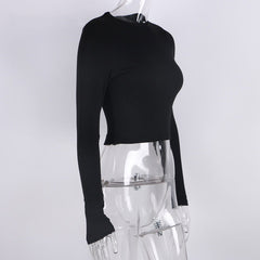 O Neck Long Sleeve Shirt Women Ribbed Sexy Cropped Tops Casual Skinny T Shirts White