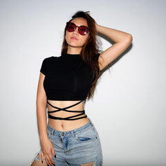 Summer Women Black Short T-Shirts Sexy Crop Tops Short Sleeve Bandage Tee Tops Female Shirts