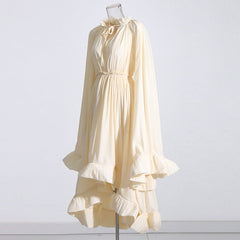 French Palace Style V-Neck Long Sleeve Shawl Pleated Ruffle Dress
