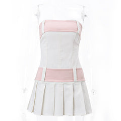 one-neck sweet strapless backless zipper contrasting color pleated dress