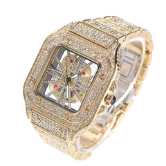 Hip-hop diamond-encrusted hollowed-out square watch