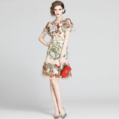 Short-sleeved mesh ruffle dress