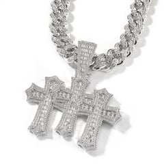 Hip-hop diamond-encrusted zircon three-cross Cuban necklace