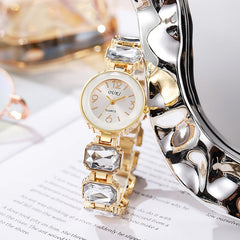 Women’s Gold Bracelet Quartz Watch with Black Crystal Dial