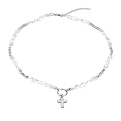 round pearl titanium steel cross necklace