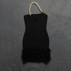 Sexy Tube Top Pearl One Shoulder Feather Decoration Cover Hip Bandage Dress