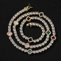 Hip-hop four-leaf clover diamond tennis chain necklace bracelet