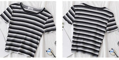 Women's short navel-baring rainbow striped tight T-shirt