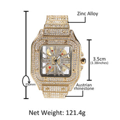 Hip-hop diamond-encrusted hollowed-out square watch