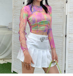 Hollow Bandage T-Shirt Women Sweet Suits Color Pattern Mesh Camisole + Long Sleeve Smock Female